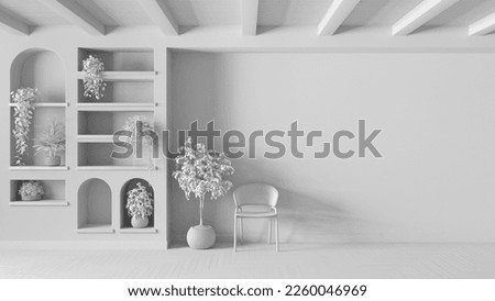 Total white project draft, waiting room interior design with copy-space. Wooden ceiling and parquet floor. Shelves with potted plants and rattan chair, 3d illustration