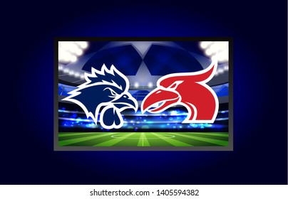 Tottenham Hotspur Vs. Liverpool Blue Rooster And  Red Gannet/cormorant Abstract Mascot Logos On A Soccer Field, Final Match,high Resolution Illustration