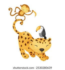 Toucan, Cute baby leopard and funny monkey. Safari friends. Isolated hand drawn watercolor illustration of jungle animals for design baby shower, cards, posters, kid's goods and rooms - Powered by Shutterstock