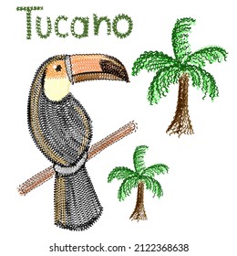 Toucan painted like embroidery and coconut trees. 