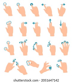 Touch screen gestures. Tablet or smartphone hand gesture swipe, touch, click, zoom. Cartoon touchscreen devices hand motion icon  set. Device or technology usage with different moving
