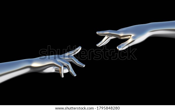 Touching hands\
illustration. Gesture on black background. chrome metal hands. 3d\
render\
illustration