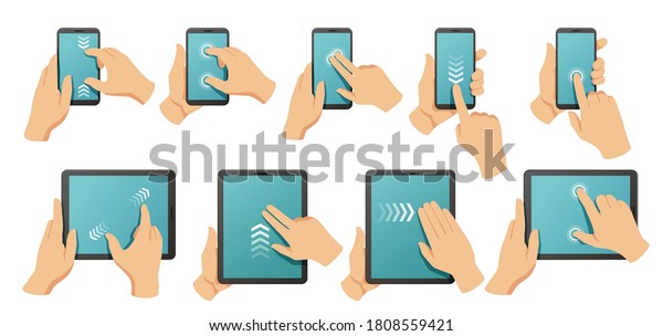 タッチスクリーンジェスチャ スマートフォンとタブレットのマルチタッチスクリーンに手を触れる ピンチしてズームし スワイプして ジェスチャイラストセットをクリックします スクリーンタッチドラッグ スマートフォンのジェスチャ移動スライド のイラスト素材