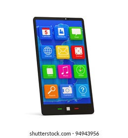 Touchscreen Smart Phone with Application Icons isolated on white background