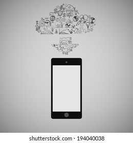 Touchscreen Smart Phone with Cloud of Media Application Icons, raster version