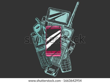 Touchscreen smartphone. Hand drawn illustration of mobile phone evolution in vintage engraved style.