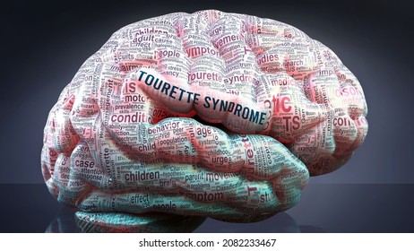 Tourette syndrome in human brain, hundreds of terms related to Tourette syndrome projected onto a cortex to show broad extent of this condition, 3d illustration