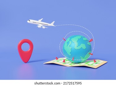 Tourism airplane trip planning worldwide tour and mark map pin earth location purple background  travel leisure touring holiday summer concept  Cartoon minimal  3d rendering illustration