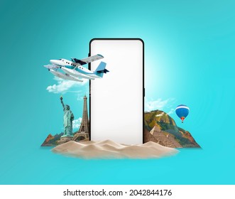 Tourism apps banner design concept. Airport online application. 3d illustration of Smart Travel. Travel and vacation concept