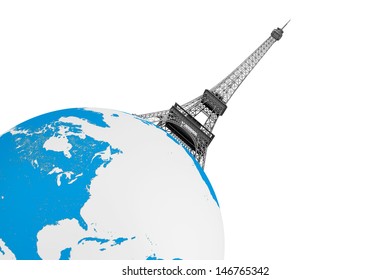 Tourism Concept. Eiffel Tower over Earth Globe on a white background