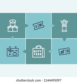 Tourism Icon Set And Ticket With Airport Tower, Duty Free And Airport Board. Boarding Pass Related Tourism Icon  For Web UI Logo Design.