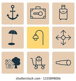 Tourism Icons Set With Bag On Cart, Binocular, Farm House And Other Magnifying Glasses Elements. Isolated  Illustration Tourism Icons.