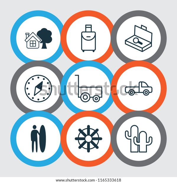 Tourism
icons set with pickup, cactus, rudder and other cardinal direction
elements. Isolated  illustration tourism
icons.