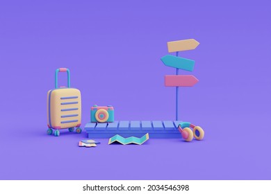 Tourism And Travel Concept,signpost,suitcase And Traveler Accessories,holiday Vacation,3d Render.