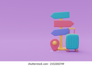 Tourism And Travel Plan To Trip With Green Suitcase And Signpost,holiday Vacation,journey,3d Rendering