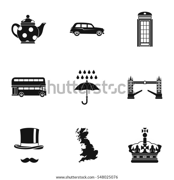 Tourism in United Kingdom\
icons set. Simple illustration of 9 tourism in United Kingdom \
icons for web