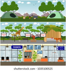 Tourist Interior Poster, Banner Set With Camping Site, Zoo Area With Wild Animals And Exotic Birds, Airport Terminal. Flat Style Design.