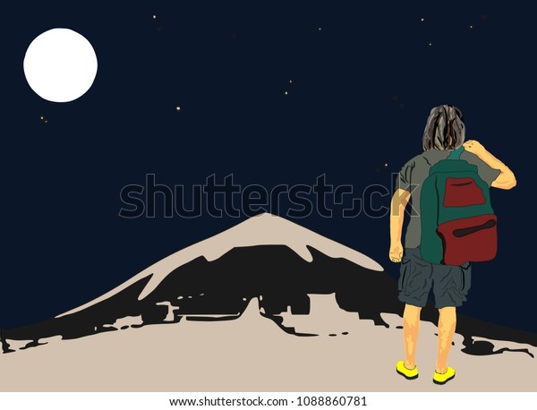 Tourist Man in half
sleeve t-shirt and Bermuda and backpack bag on one Shoulder going
away to a snow hill in dark full moon night travelling concept
illustration