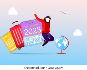 Tourist men jumping with calendar, luggage, passport, glob and plane on blue sky background. Illustration 3D content happy male traveling around the world, travel concept. Lifestyle to travel enjoy  - Powered by Shutterstock