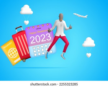 Tourist men jumping with calendar, luggage, passport and plane on blue sky background. Illustration 3D content happy male traveling around the world, travel concept. Lifestyle to travel enjoy  - Powered by Shutterstock