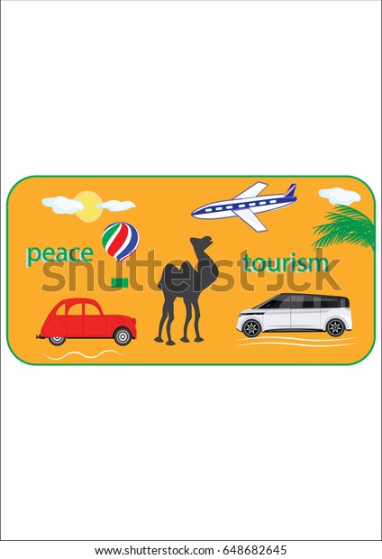 Tourist poster. Red small car, camel, airplane,\
balloon, realistic modern car, sun, palm, art creative  \
illustration of a flat style. bitmap\
image
