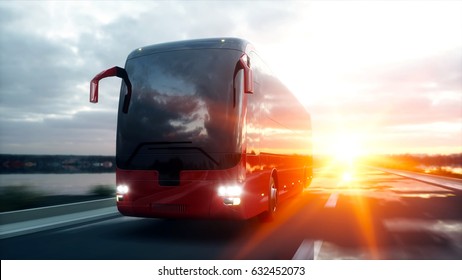 tourist red bus on the road, highway. Very fast driving. Touristic and travel concept. 3d rendering.