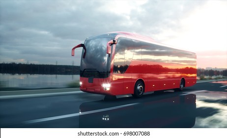 tourist red bus on the road, highway. Very fast driving. Touristic and travel concept. 3d rendering.