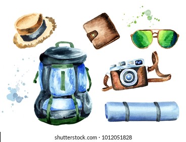 Tourist set with backpack, camping Mat, straw hat, wallet, camera and sunglasses. Isolated on white background. Watercolor hand drawn illustration