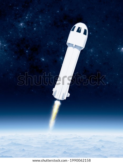 Tourist space\
travel, rocket and capsule, once the Kàrmàn line is reached, the\
capsule will detach from the rocket. First tourist flight. Earth\'s\
atmosphere. New shepard. 3d\
render