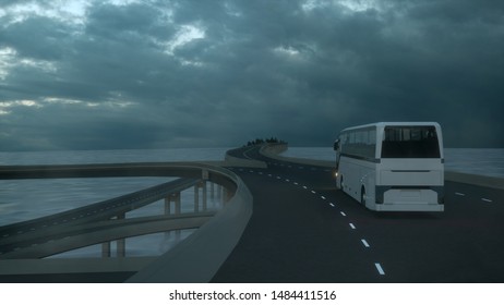 Tourist white bus driving on the bridge under an ominous cloudy sky. 3d Rendering. - Shutterstock ID 1484411516