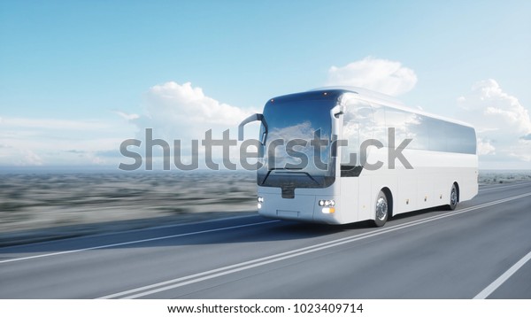 tourist white bus on the\
road, highway. Very fast driving. Touristic and travel concept. 3d\
rendering.
