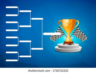 Tournament bracket template for eight teams with golden cup winner award on blue background