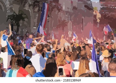 Tours, Val De Loire, France - July 15, 2018: French Football Fans Celebrating At Place Jean Jaurès After France Won The FIFA WorldCup 2018.