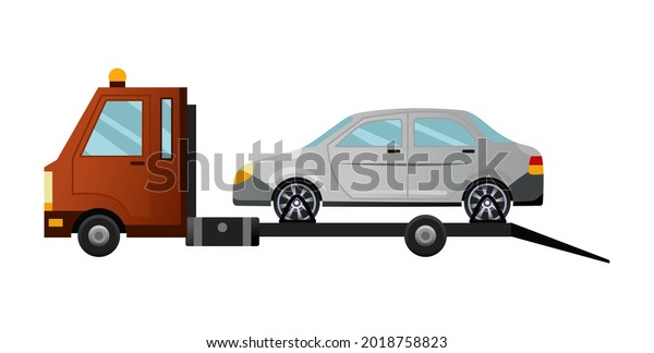 Tow truck. Cool flat towing truck with broken car.\
Road car repair service assistance vehicle with damaged or salvaged\
car