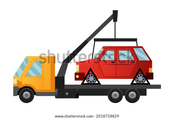 Tow truck. Cool flat towing truck with broken car.\
Road car repair service assistance vehicle with damaged or salvaged\
car