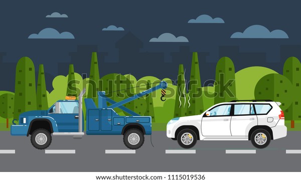 Tow\
truck evacuating broken car on countryside highway.illustration for\
automobile repair service, roadside assistance, car help banner.\
Road accident or car trouble concept in flat\
design