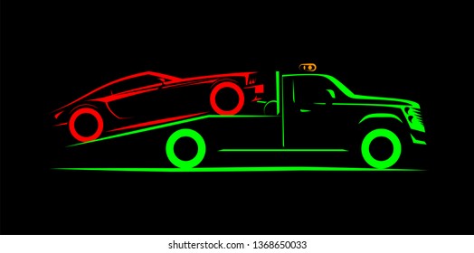 Tow Truck With Full Loading Simple Side View Schematic Image On Black Background	