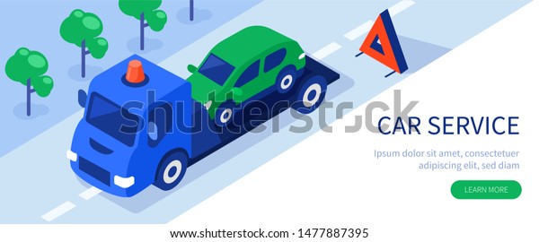 Tow truck service concept. Can use for web
banner, infographics, hero images. Flat isometric illustration
isolated on white
background.