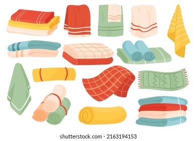 Towels For Bathroom Illustration Set. Cartoon Textile Collection With Rolled Fabric Hand, Facial And Bath Cloth Towels, Hanging On Hanger Rail, Lying In Stack Roll Or Pile Isolated On White