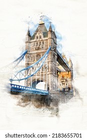 Tower Bridge over the river Thames  This Victorian suspension bridge is listed   iconic London landmark inking Southwark to the Tower London  Digital watercolour 