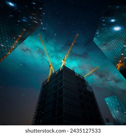 Tower cranes and emerging skyscraper silhouette pierce the starry dusk ambiance, encapsulating the dynamic intersection of human innovation and celestial spectacle. - Powered by Shutterstock