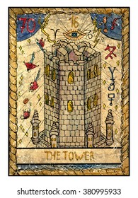 The tower.  Full colorful deck, major arcana. The old tarot card, vintage hand drawn engraved illustration with mystic symbols. Destroyed fortress with people falling from the roof.