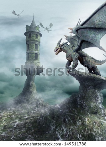 tower guarded by dragons stock illustration 149511788 shutterstock