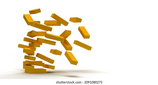 Tower Made Of 3D Rendered Wooden Bricks Falling Apart. Famous Block Removal Game. Rise And Fall. Group Of Illustrated Objects In Wood Material On Large Empty Background With Copy Space