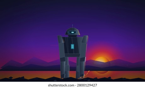 A towering angular robot with glowing cyan accents stands silhouetted against a vibrant purple and orange sunset over distant mountains and a reflective lake.
