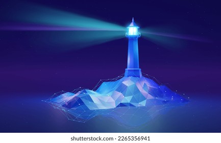 Towering lighthouse in a futuristic, digital world, 3D illustration concept. Evolving technology and the potential for progress. A guide, inspiring innovation and leadership towards a. 3D Illustration