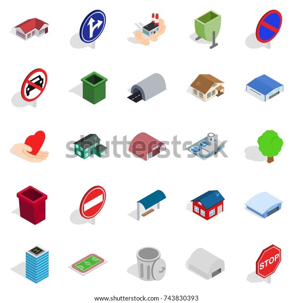 Town buildings icons\
set. Isometric set of 25 town buildings  icons for web isolated on\
white background
