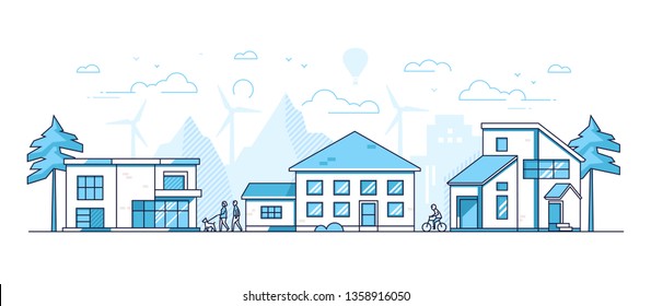 Town Life - Modern Thin Line Design Style Illustration On White Background. Blue Colored Composition, Landscape With Facades Of Cottage Houses, People Walking, Cycling, Mountains, Windmills