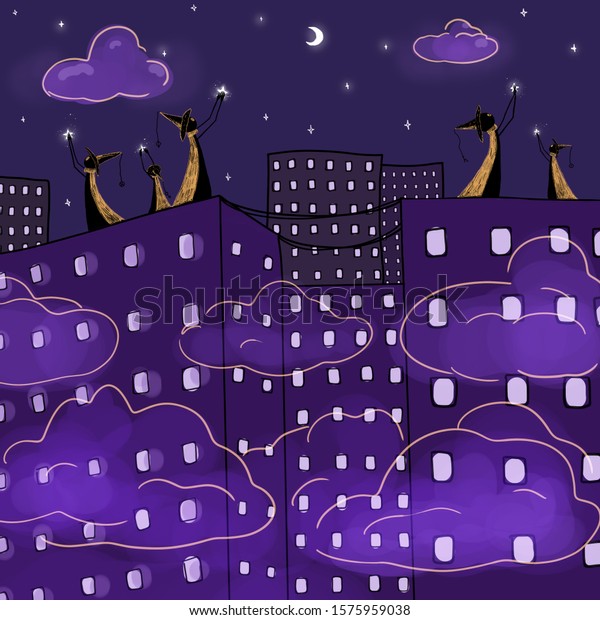 town in the\
nigth, fantasy town, purple\
background