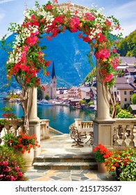 A town on the seashore. A terrace with an arch and flowers. 3d image. Photo wallpapers.